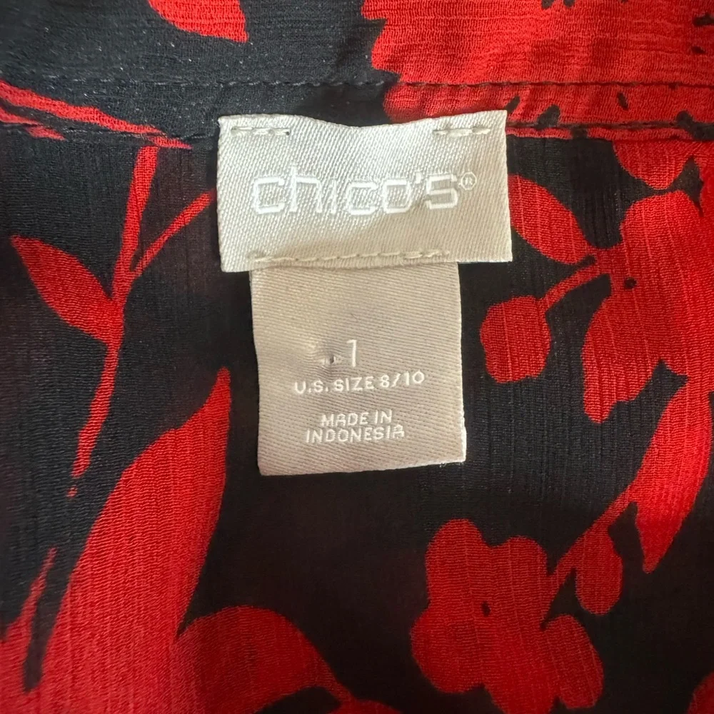 Chico’s size 1  Red and black Floral‎ Sheer Blouse- does not have the cami